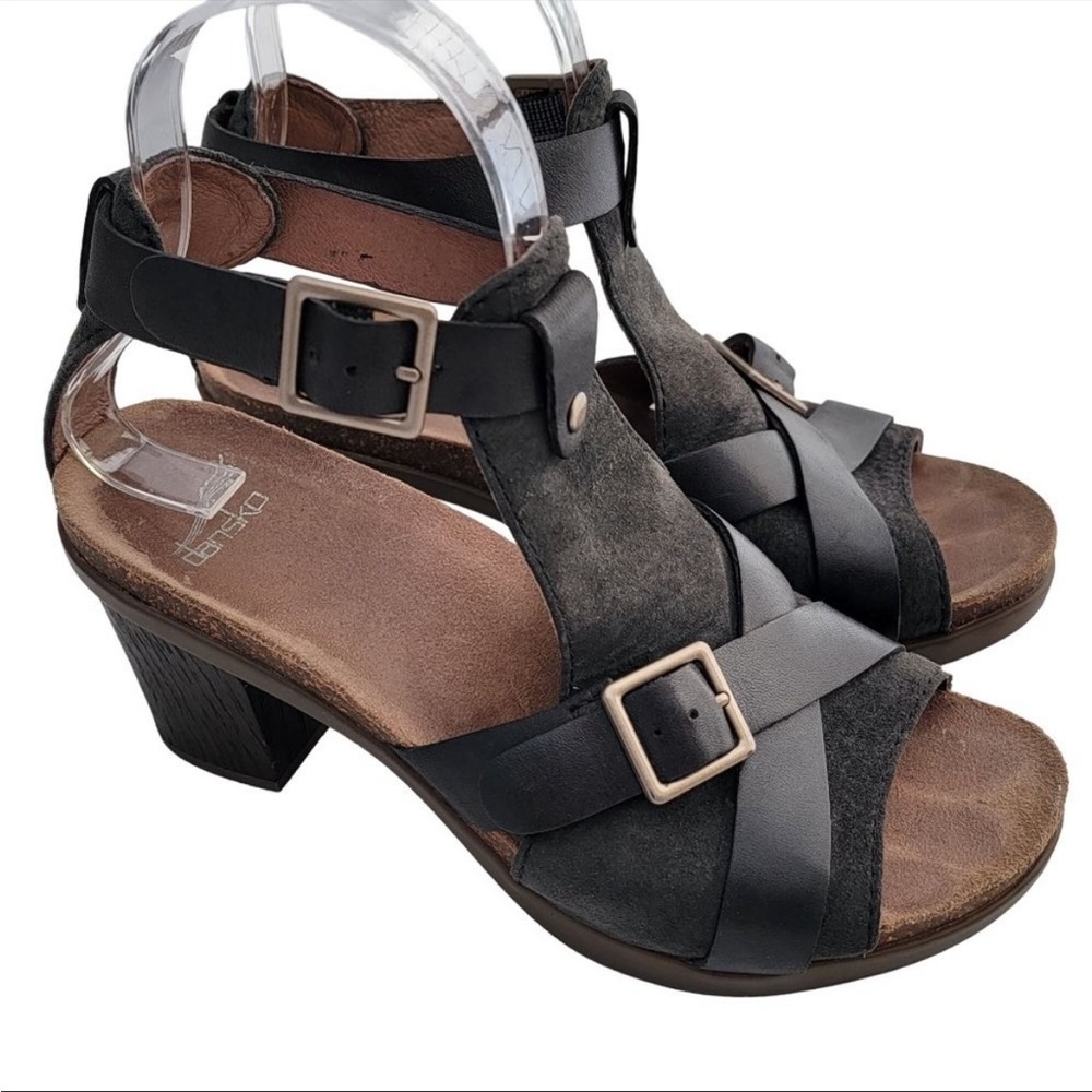 Dansko Dominique Women EU37 US7 T-Strap Suede Leather Black Block Heel Sandals